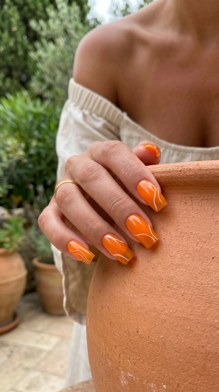 Citrus Swirl Jelly Square nails: playful, vibrant, vacation style. June manicure ideas, summer trends 2026.