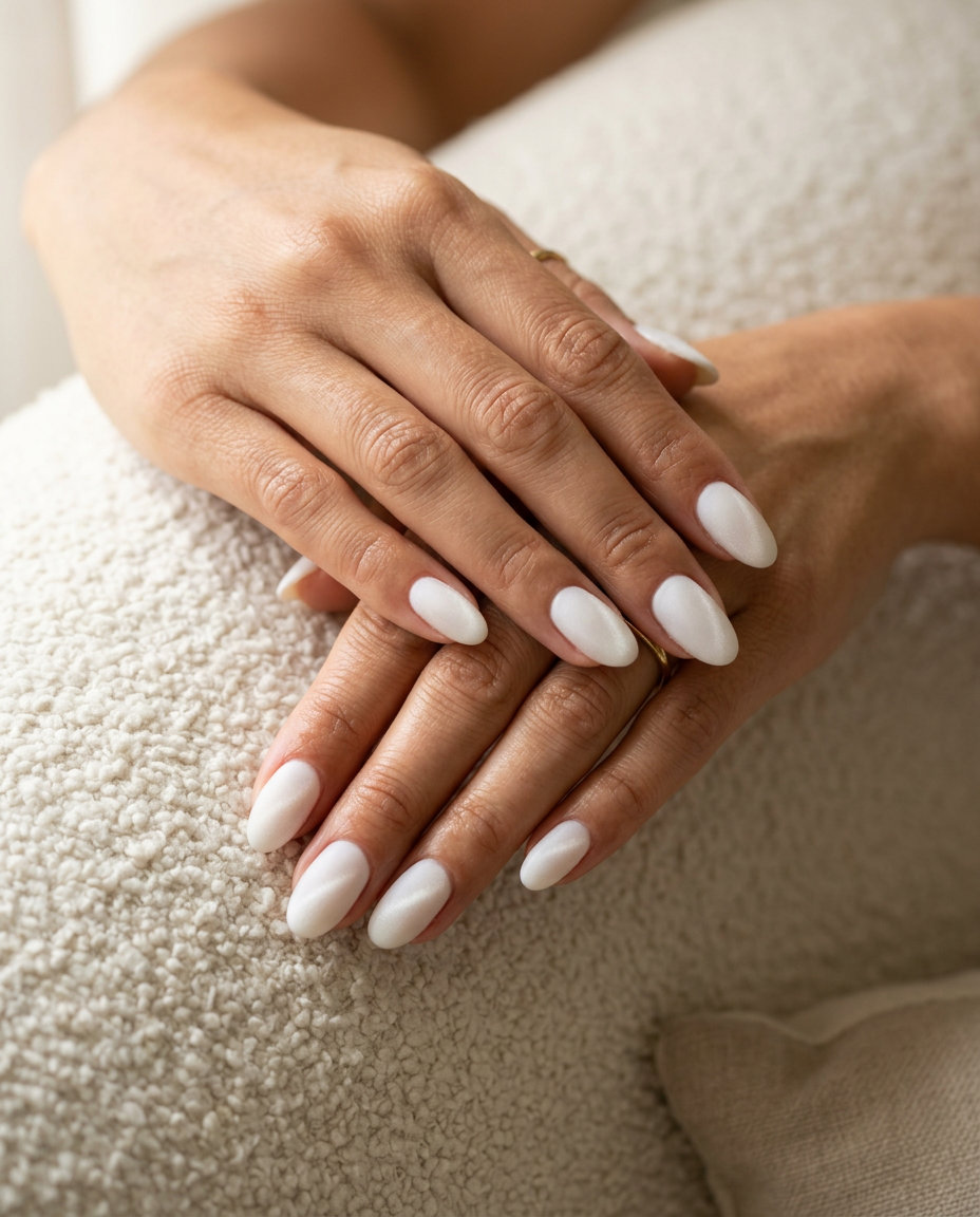 Milky White Velvet Oval nails: sophisticated, minimalist, work style. June manicure ideas, summer trends 2026.