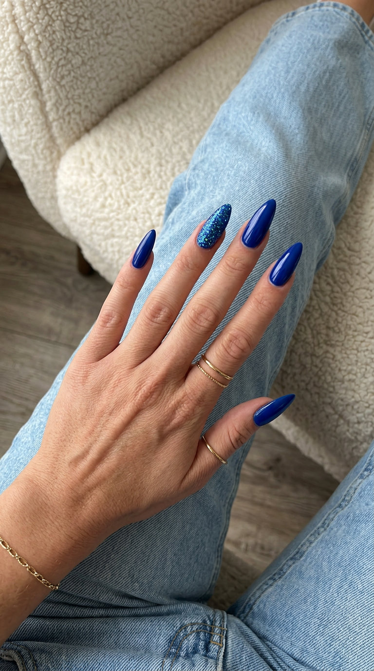 Ocean Glitter Accent Stiletto nails for festivals, a glamorous bold summer trend 2026.