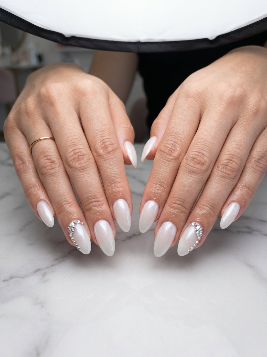 Pearlescent White Rhinestone Accent Oval nails for weddings, an elegant summer trend 2026.