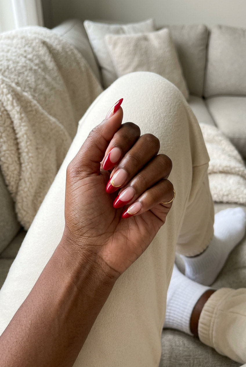 Bold negative space cherry red almond nails with gold foil accents for date night. June nails ideas - summer ideas 2026.