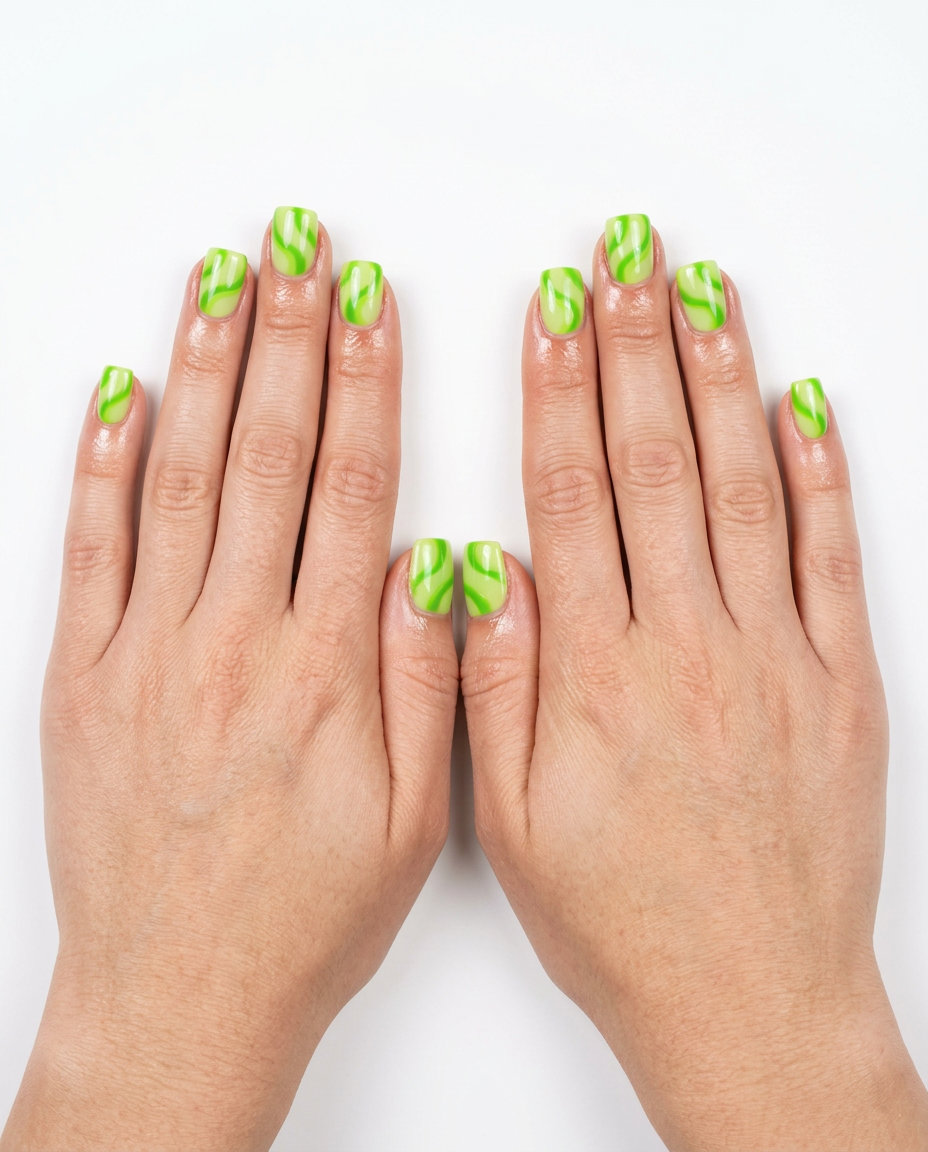 Electric lime green abstract swirl nails with a glossy finish for summer parties. June nails ideas - summer ideas 2026.
