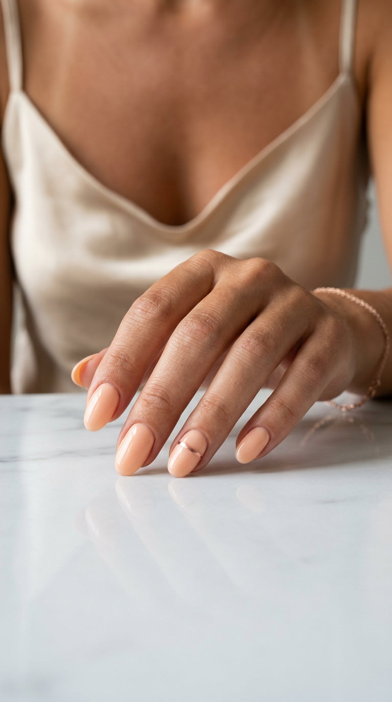 Soft peach fuzz oval nails with minimalist silver chrome line accents for daily wear. June nails ideas - summer ideas 2026.