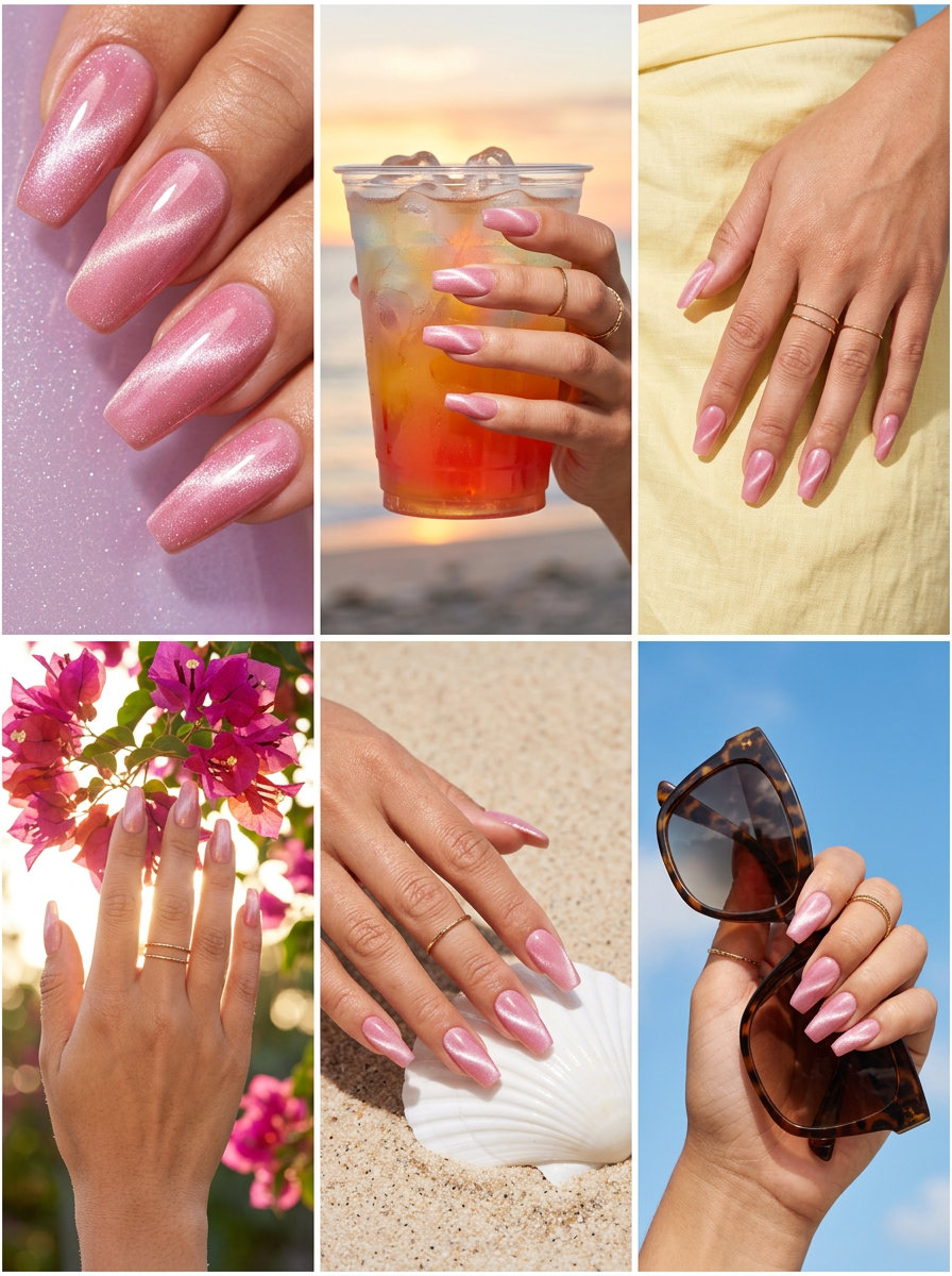 Mystic cat-eye effect in strawberry milk pink on coffin nails for parties. June nails ideas - summer ideas 2026.