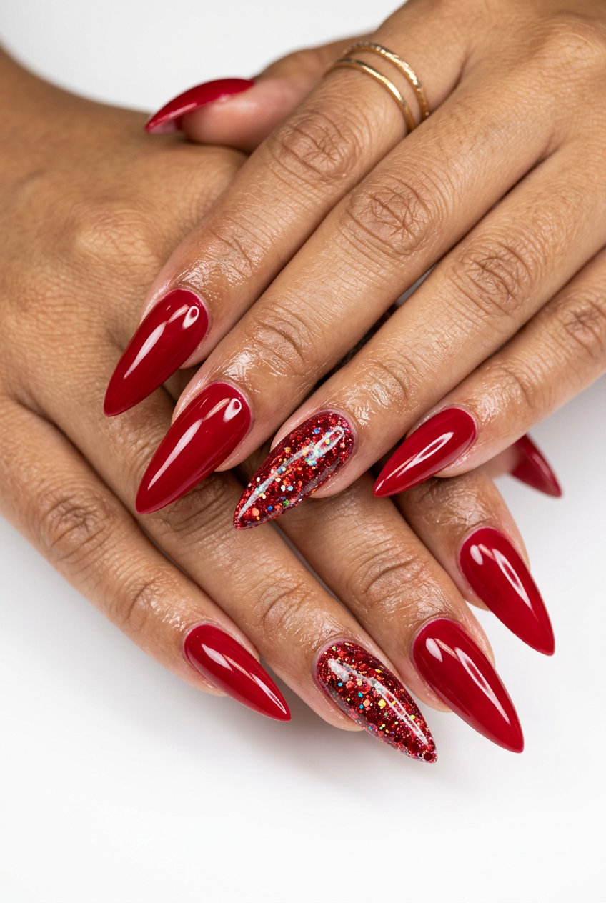 Cherry Red Glitter Accent Stiletto nails: glamorous, bold, sultry for parties and night outs. June nails ideas - summer ideas 2026.