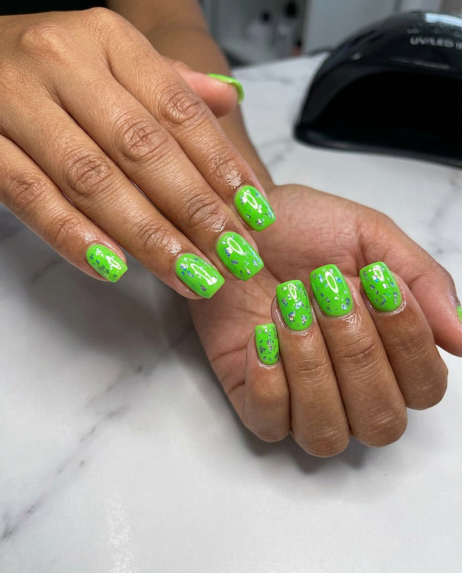 Electric Foil Lime nails: playful, energetic, bold for festivals and summer parties. June nails ideas - summer ideas 2026.