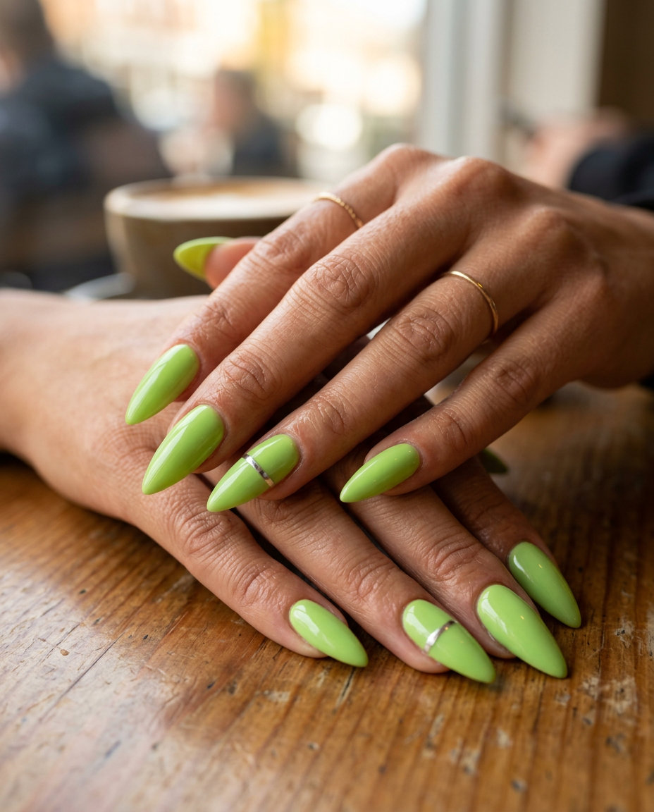 Lime Green Chrome Accent Line nails: edgy, modern, bold look for summer parties and festivals. June nails ideas - summer ideas 2026.