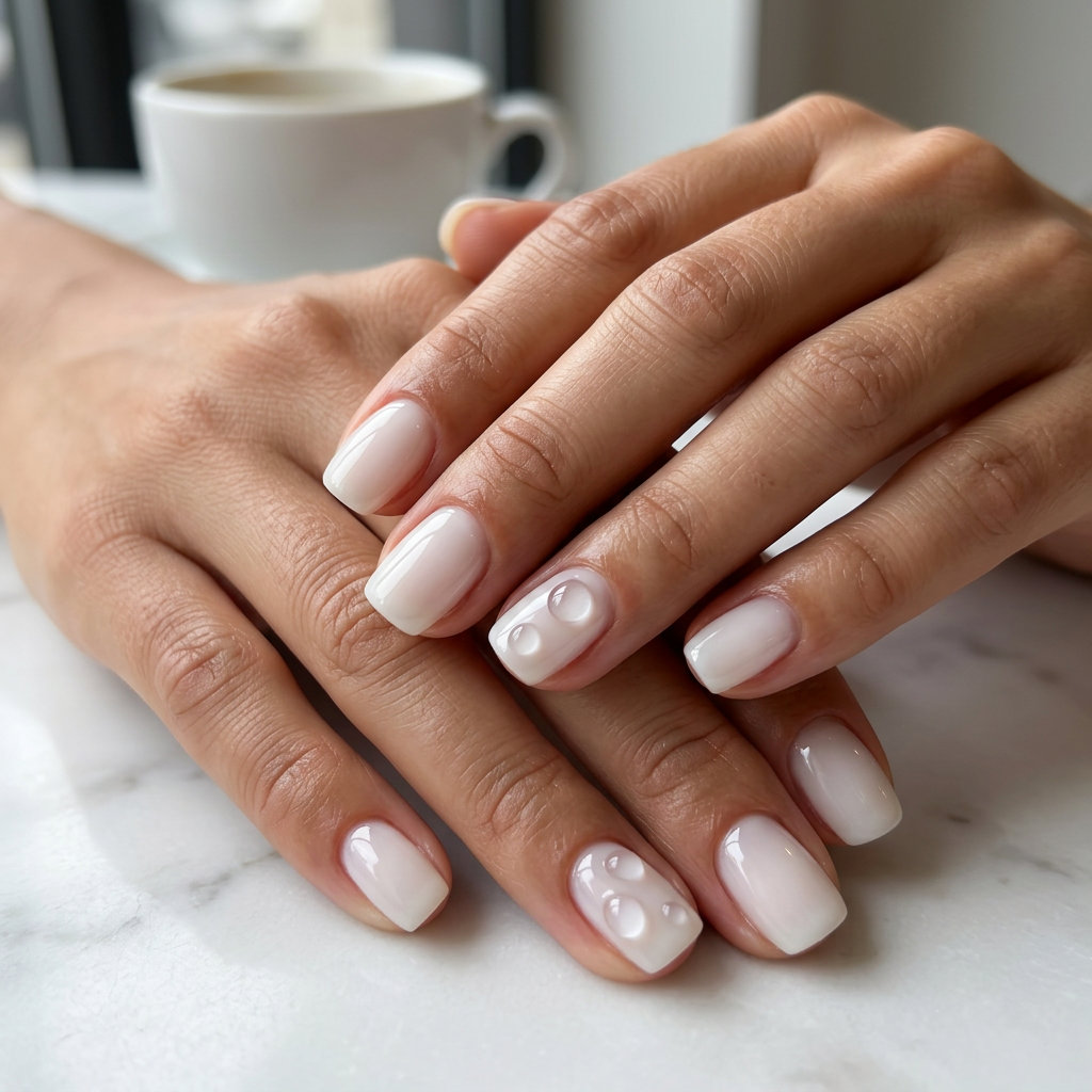 Dewy water droplet effect on sheer milky white squoval nails for summer vacation. June nails ideas - summer ideas 2026.