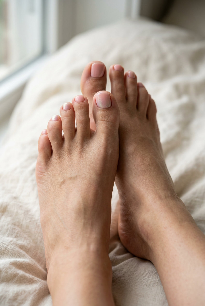 Subtle Peach Fuzz shimmer fade pedicure for minimalist bridal looks. Summer trends 2026.