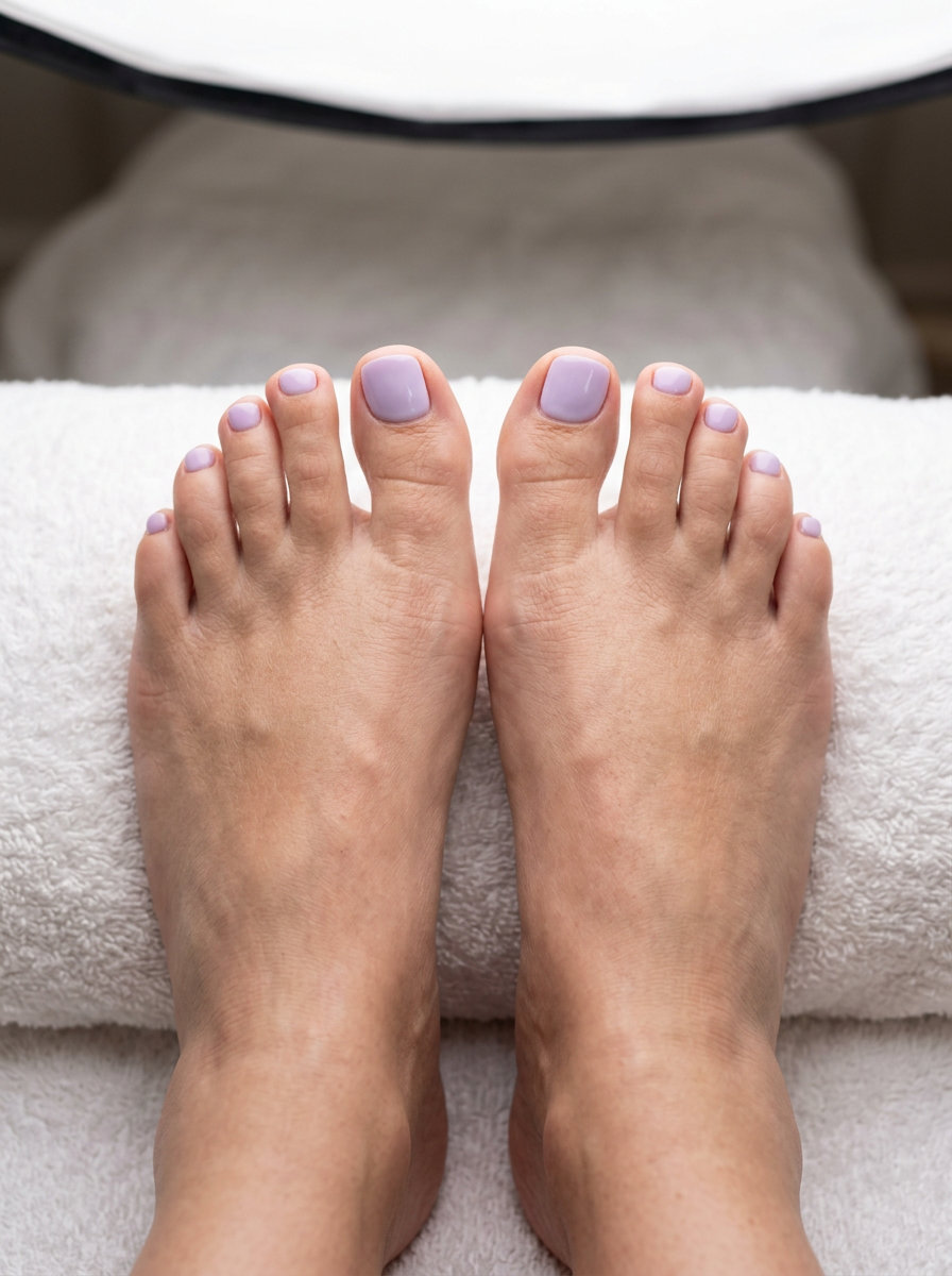Dreamy lavender milky toes for casual summer days. Opaque soft lavender polish on short round nails. June toe nails ideas - summer ideas 2026.