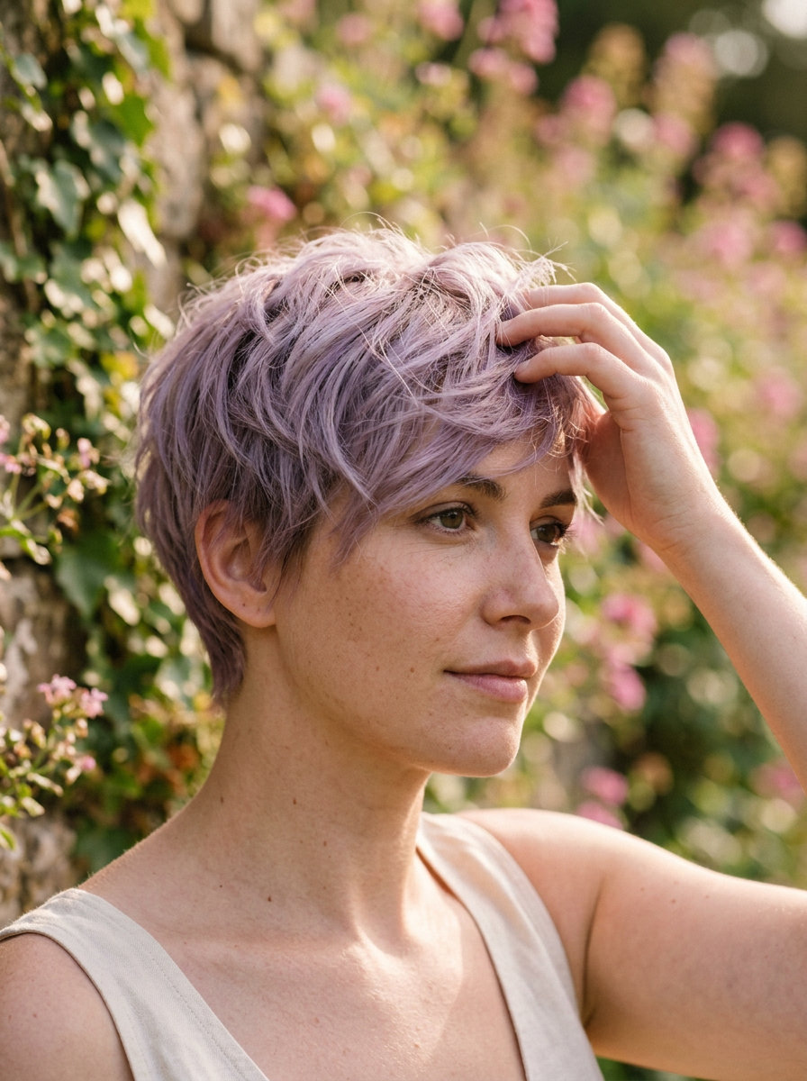 short textured bob haircut with muted lavender, root smudge, face-framing pieces — romantic date night