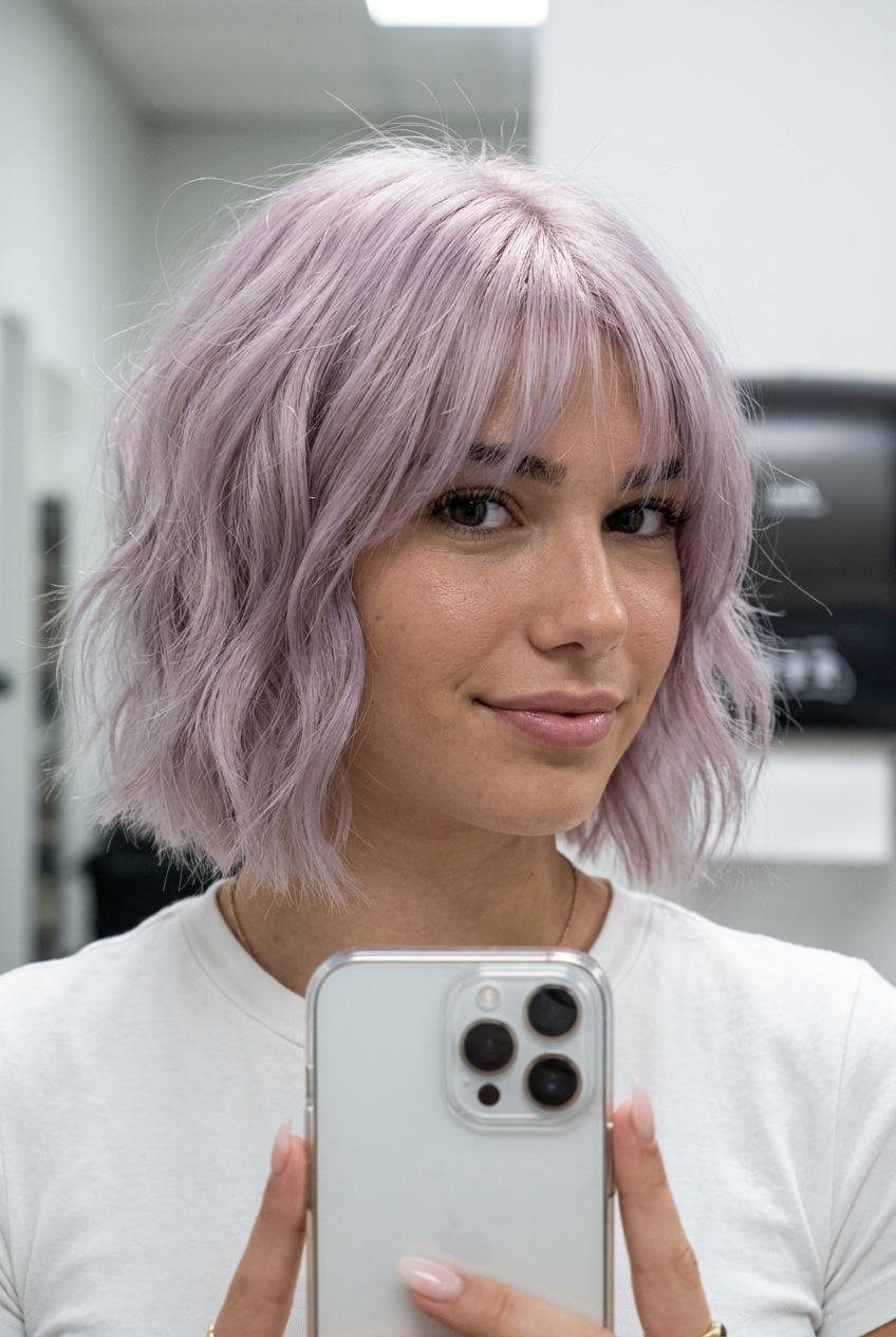 Lilac Dream Choppy Bob 2026 jaw-length choppy bob haircut with lilac pastel, lavender hues, and wispy fringe for ethereal look