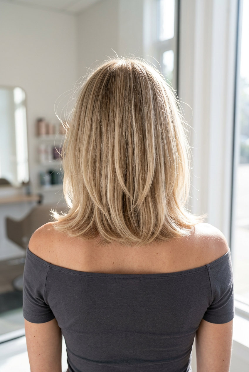 collarbone-length linen blonde haircut with wispy bottleneck bangs and soft layers for summer