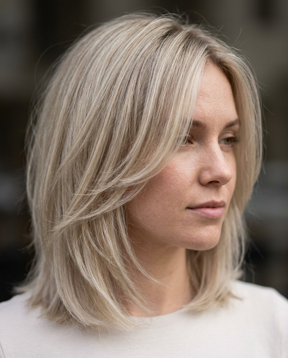Linen Blonde Layered Haircut 2026 medium layered haircut with linen blonde color, internal ghost layers, no bangs — minimalist chic style