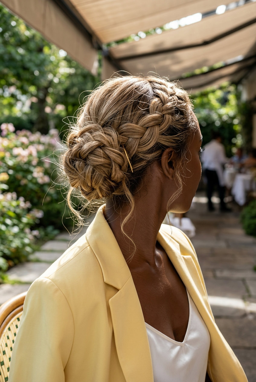 shoulder-length linen blonde bob with loose waves and face-framing pieces for work