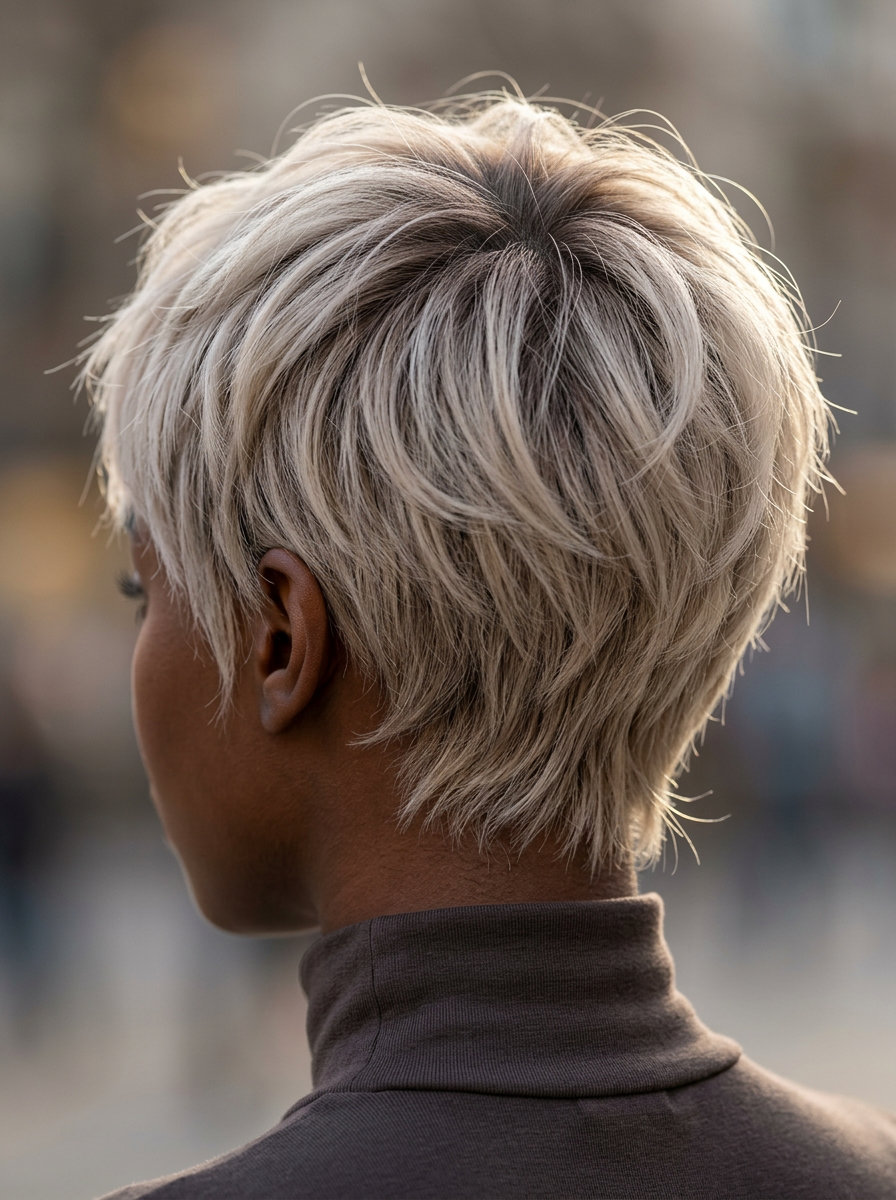 very short pixie haircut in cool linen blonde with ash brown root smudge, feathered texture for chic look