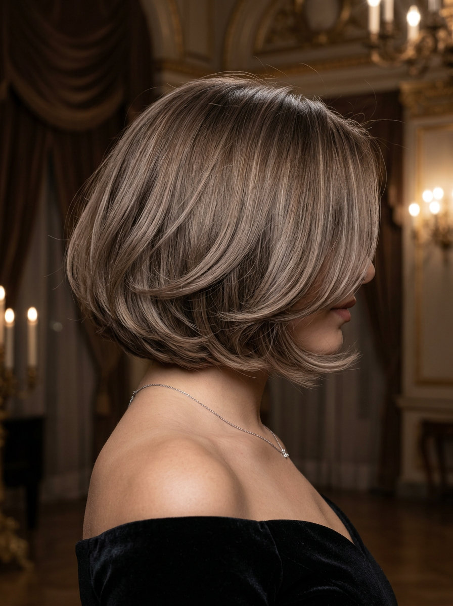 Linen Brown Baroque Bob 2026 short baroque bob in linen brown with cool ash-beige babylights for summer