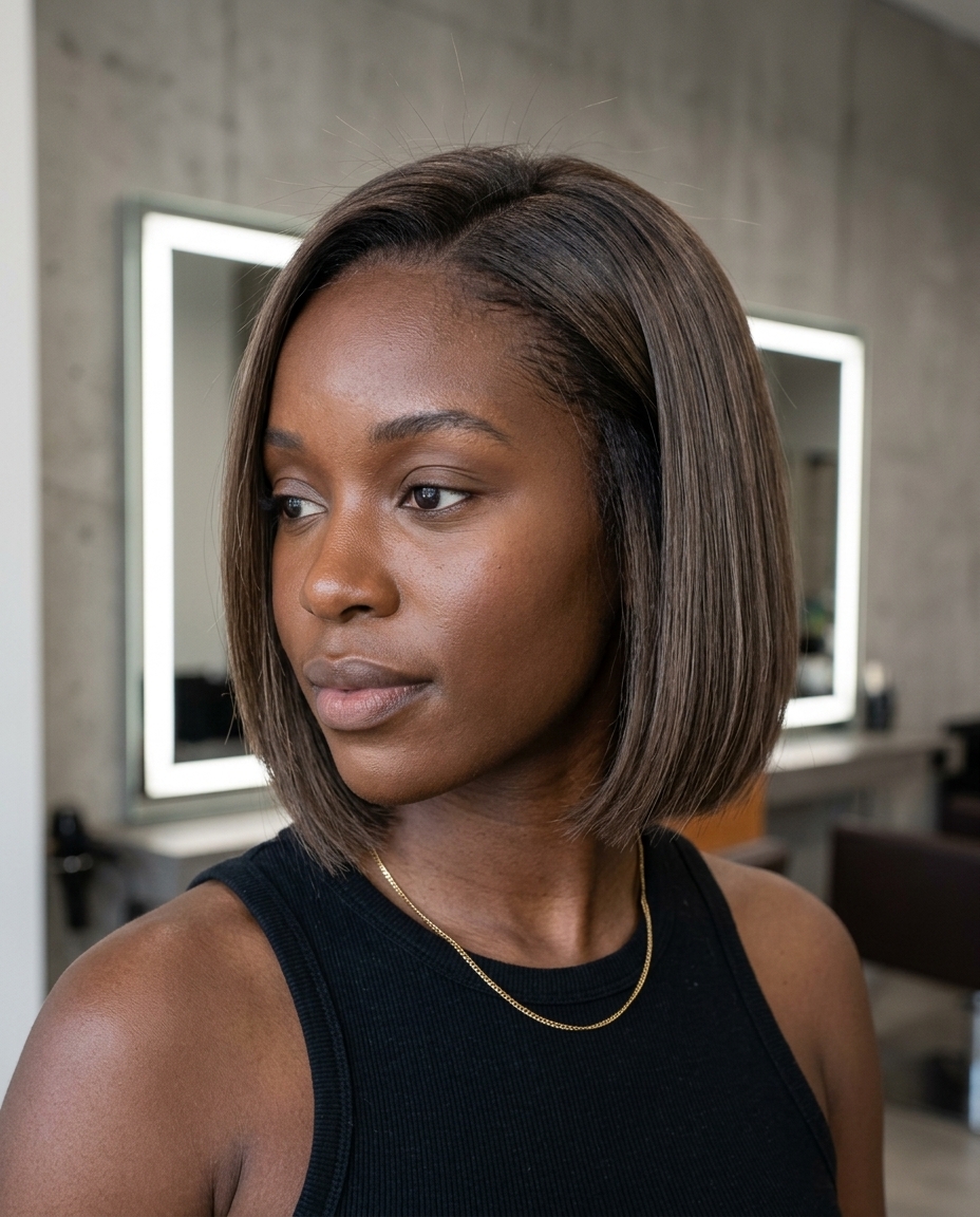 short neutral linen brown bixie haircut with ash undertones, mushroom babylights, blunt perimeter — chic