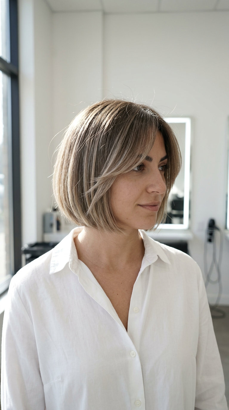 short french bob with linen highlights, invisible internal layers for chic look