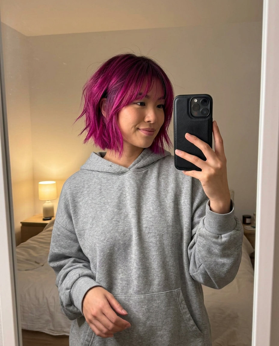chin-length magenta deconstructed bob with wispy fringe and choppy texture for summer