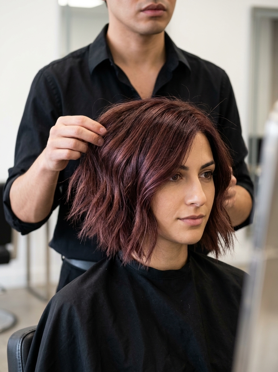 Mahogany Siren Choppy Bob 2026 jaw-length choppy bob in deep mahogany, auburn & red-violet undertones, internal layering, face-framing layers for formal event