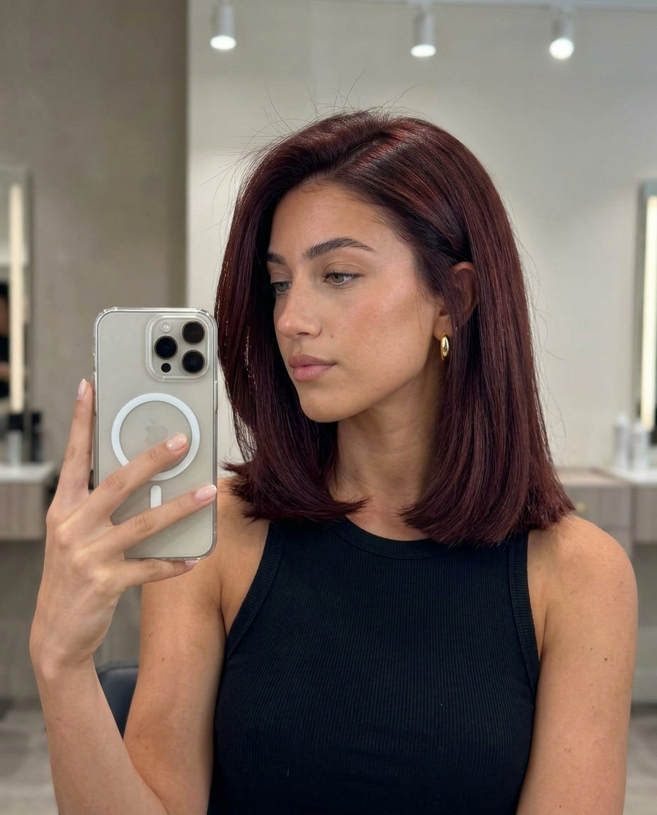 medium blunt lob haircut with deep mahogany, red-violet undertones, no fringe — luxurious bold style