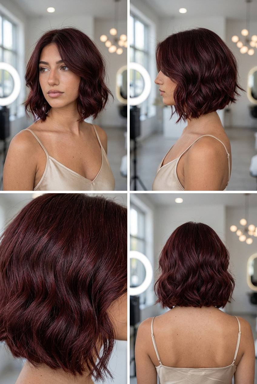 short textured bob haircut with deep mahogany red, sculpted waves, rounded silhouette — bold evening gala