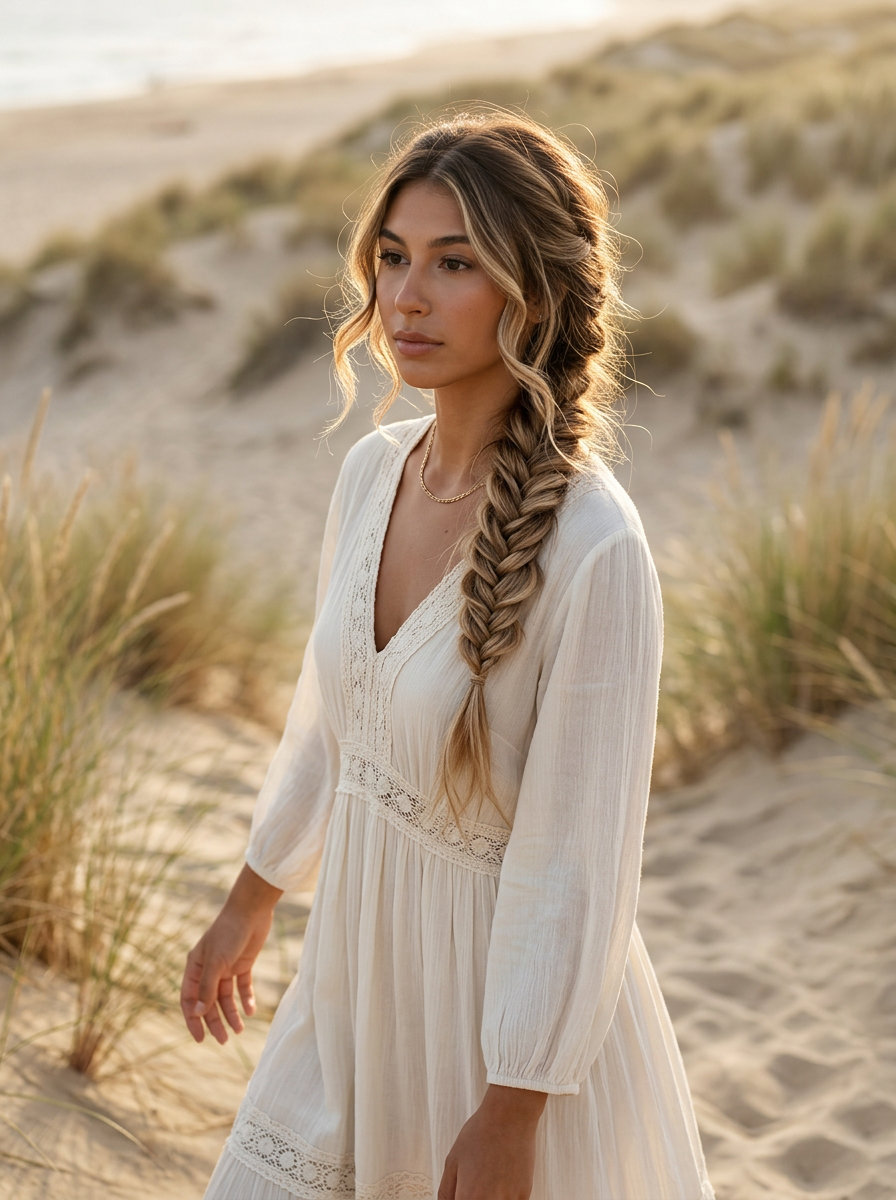 long Malibu melt blonde fishtail braid with deconstructed texture and face-framing tendrils