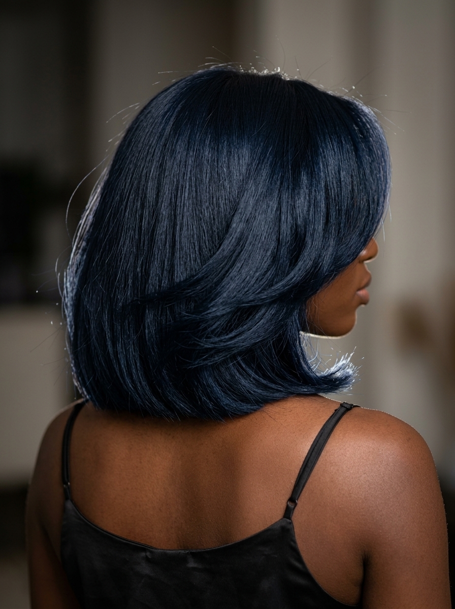 short italian bob with midnight blue-black color, blunt ends and internal layers — sophisticated evening style