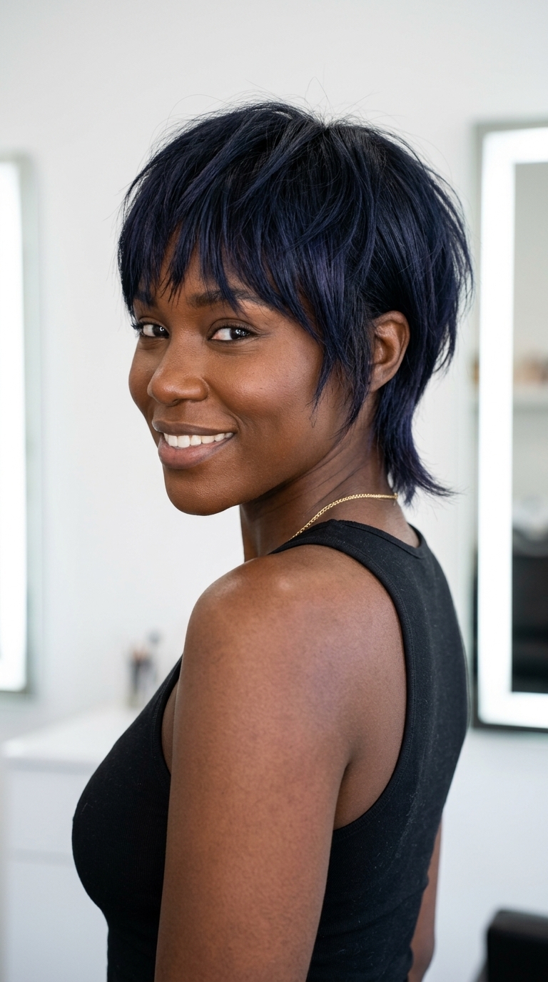short shullet haircut in midnight blue-black with razored choppy layers and brow-grazing bangs for a bold look