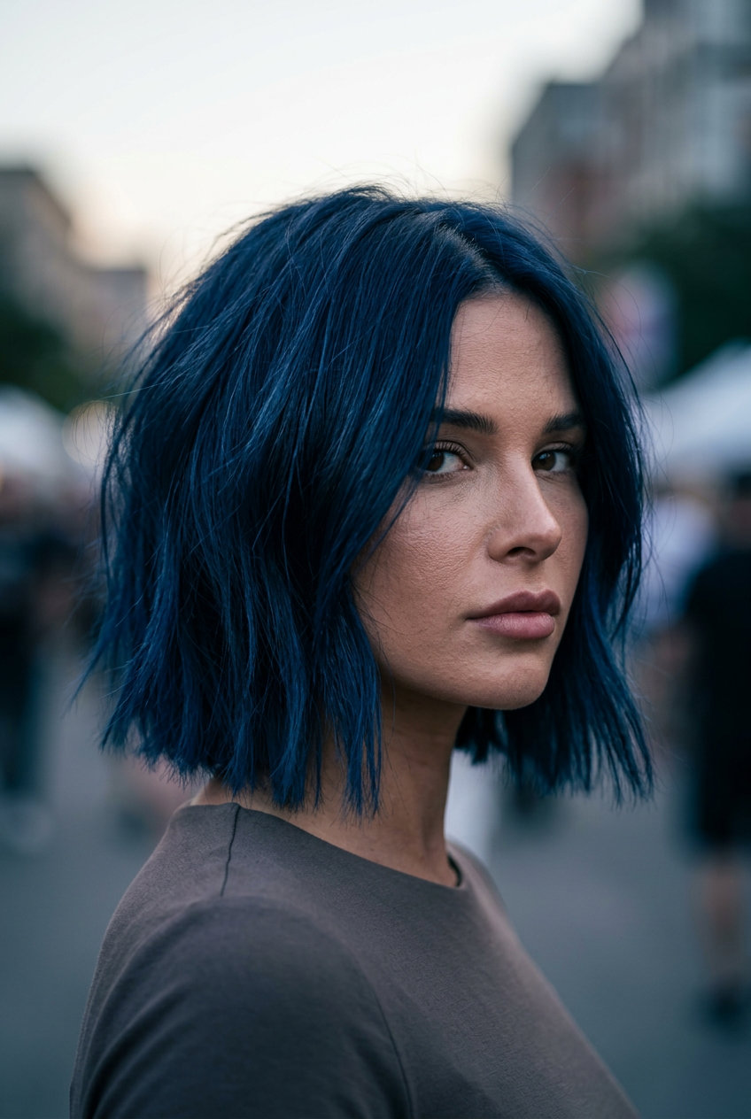 Midnight Rebel Choppy Bob 2026 chin-length choppy bob in deep midnight blue, blue-black root, indigo highlights, razor-cut ends, swept-aside bangs for music festival