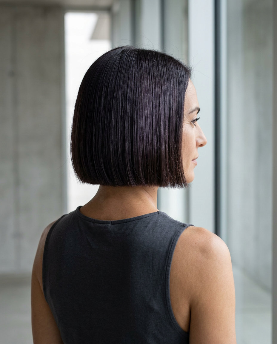 chin-length sleek bob haircut in midnight espresso with cool violet undertones for date night