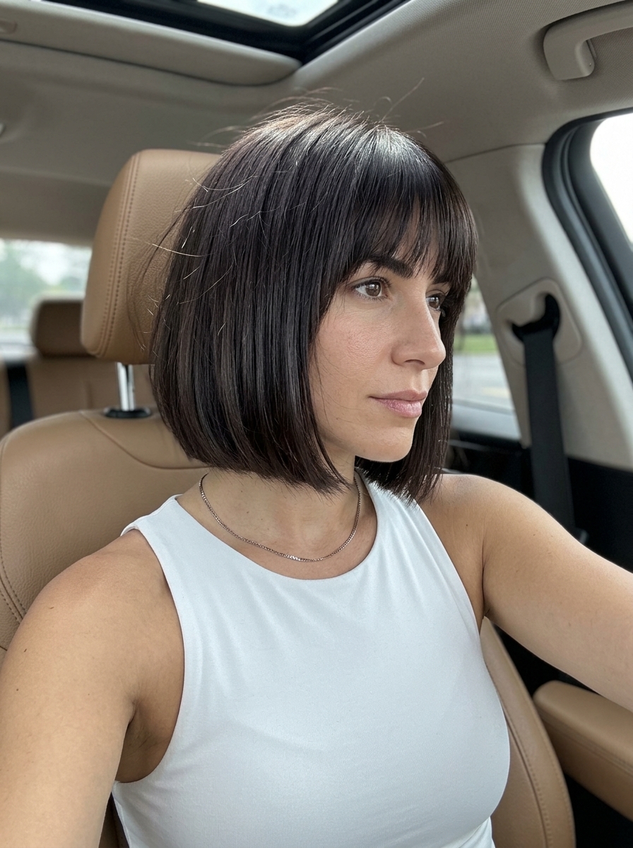 chin-length French bob haircut in midnight espresso with blunt bangs for sophisticated style