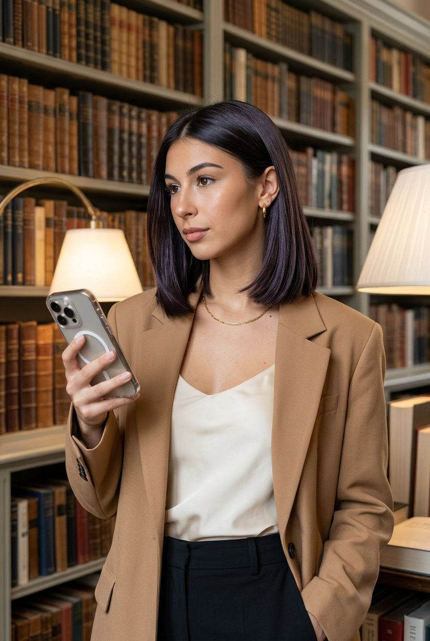 medium blunt lob midnight espresso with cool violet undertones, laser cut, no bangs — sophisticated