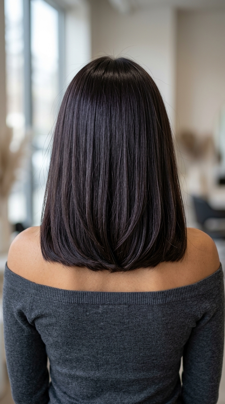 medium box lob haircut with midnight espresso, cool undertones, no fringe — bold graphic style