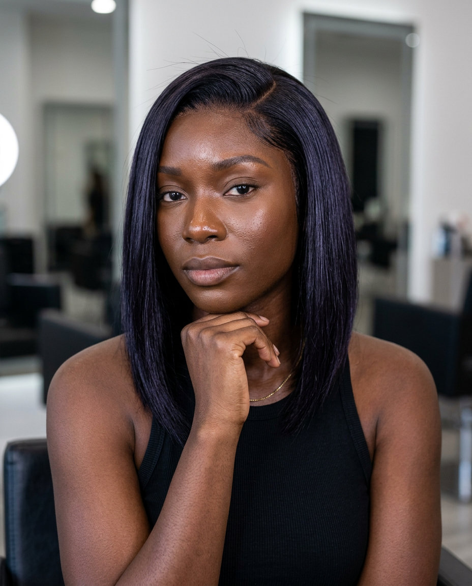 medium textured lob haircut with midnight espresso violet undertones, razored A-line for sophistication