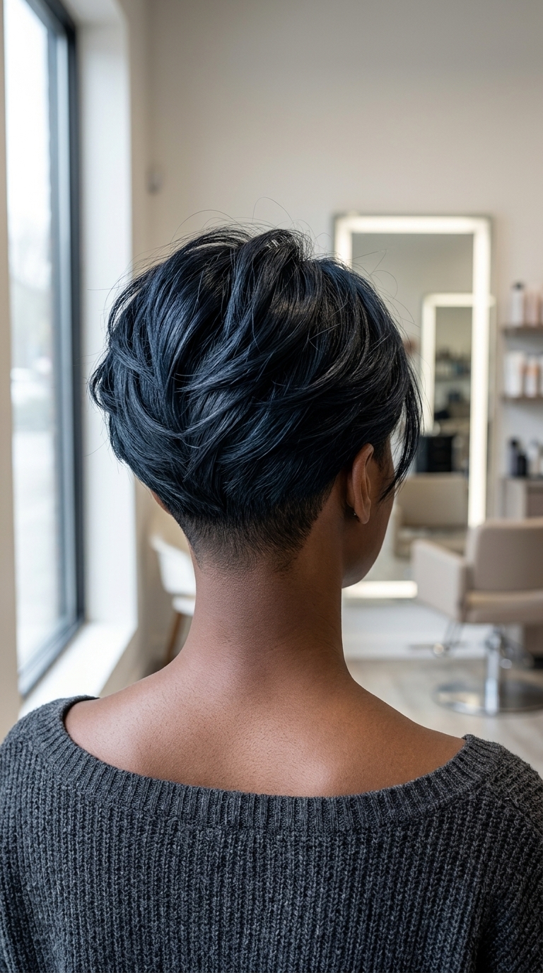 short midnight espresso bixie haircut with blue-black gloss, undercut, asymmetric fringe — edgy