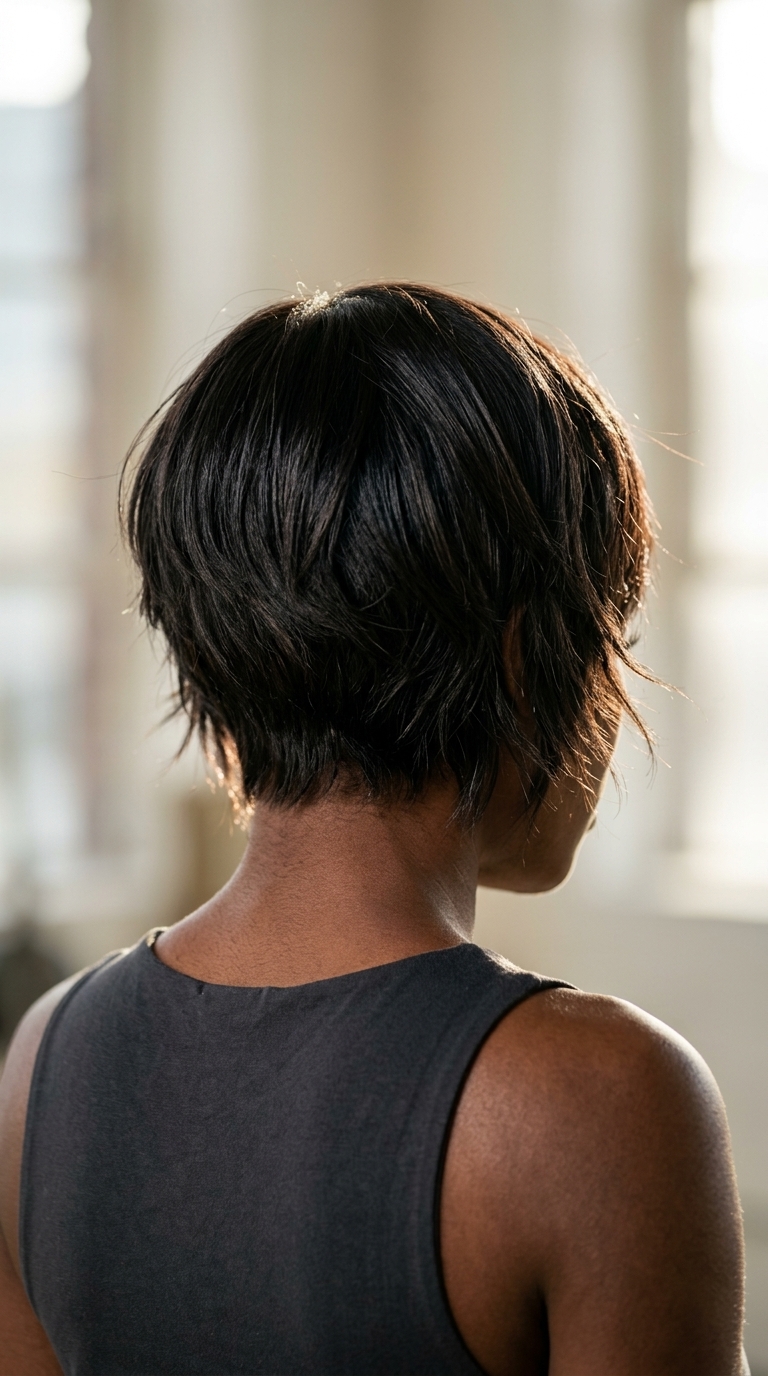 short messy wolf cut crop with midnight espresso color and subtle face-framing for meetings