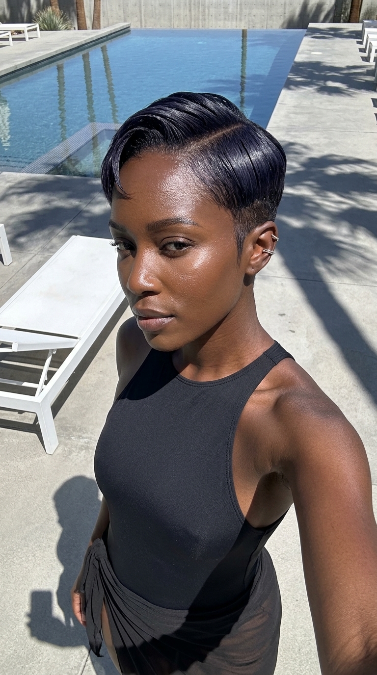 Hydro-Chic Pixie 2026: Midnight Espresso very short pixie haircut midnight espresso, razored tapered sides, sleek wet look — minimalist edgy