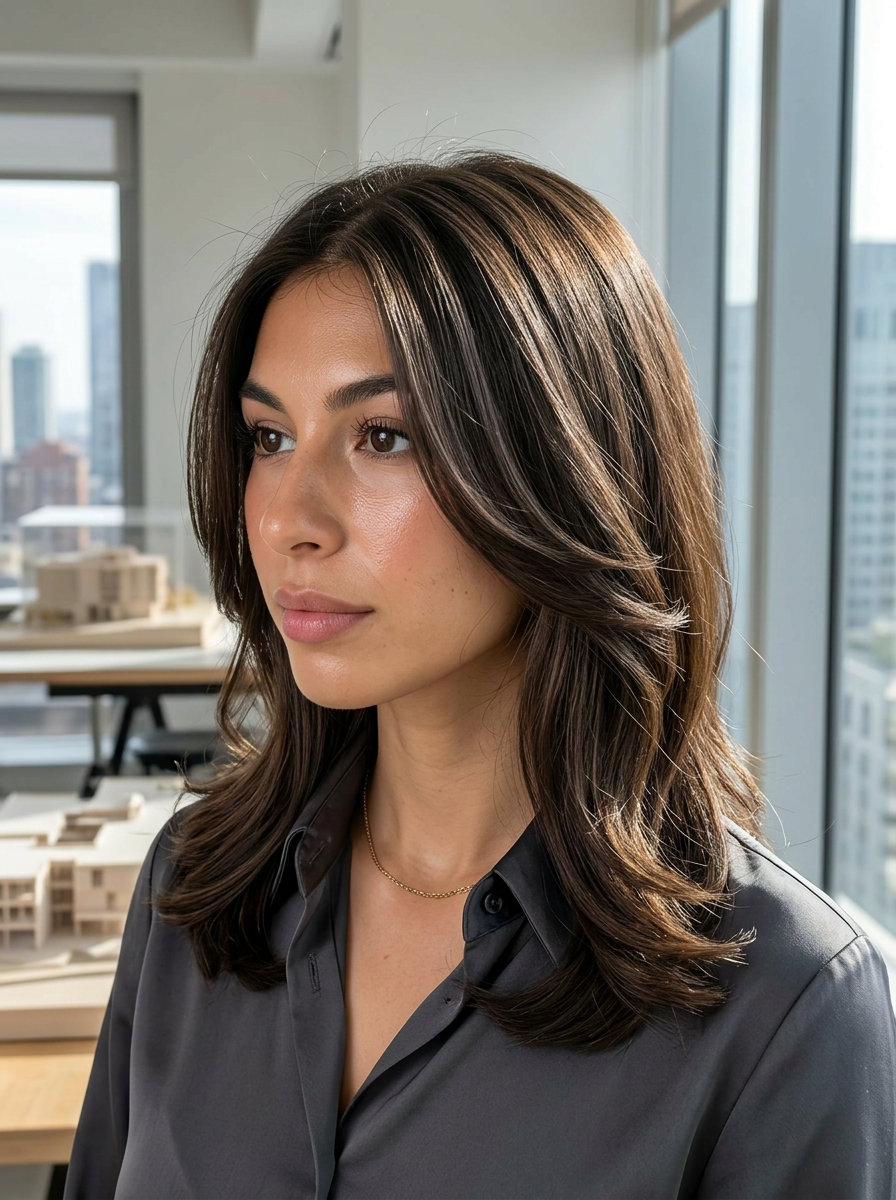 Mocha Mélange Layers 2026 medium-long mocha brunette layered hair with face-framing pieces for summer 2026