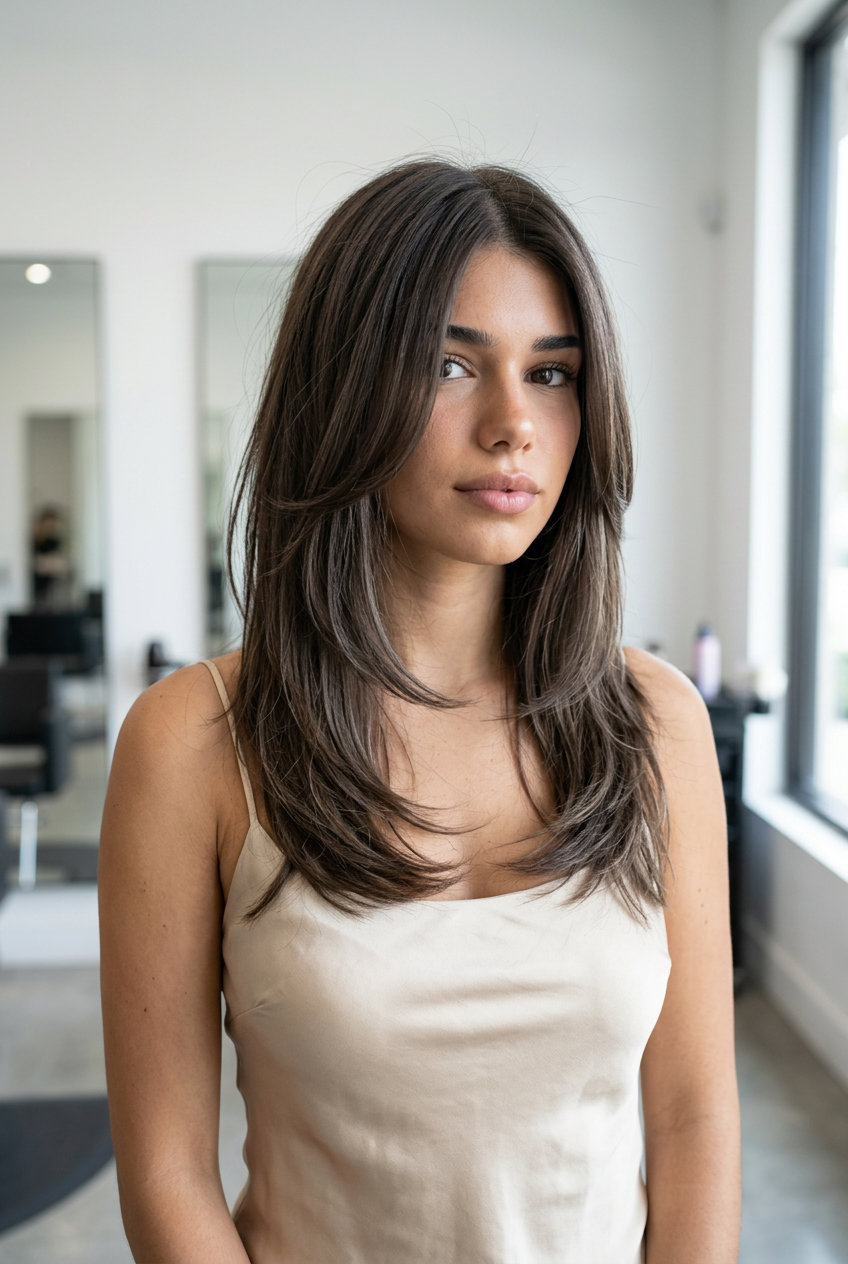 medium-long layered haircut with cool mocha brunette, ash lowlights, face-framing layers for weekend