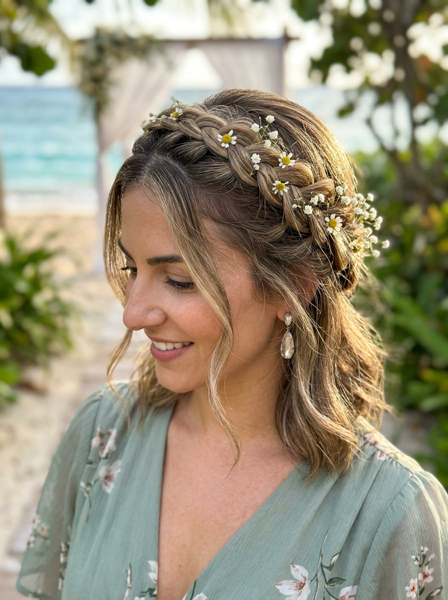 long mushroom bronde braided crown with floral accents for summer