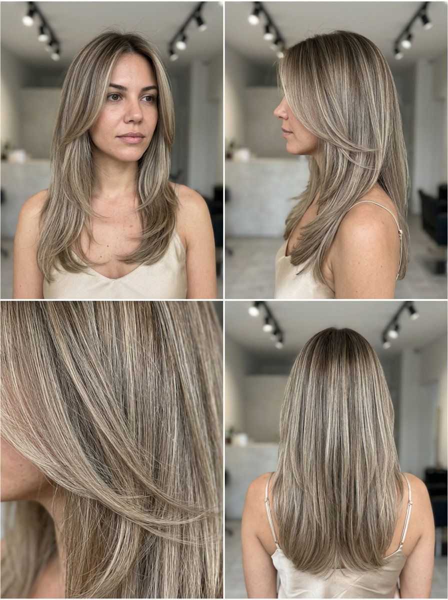 long layered haircut in cool mushroom bronde with internal ghost layers for sophisticated office wear
