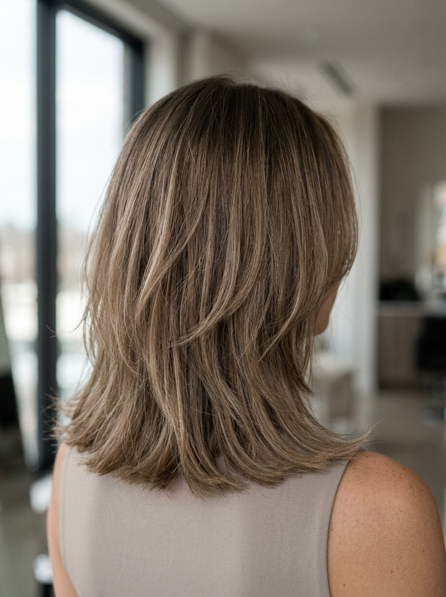 long layered haircut in mushroom bronde with cool ash undertones, subtle internal layers — effortless sophisticated look
