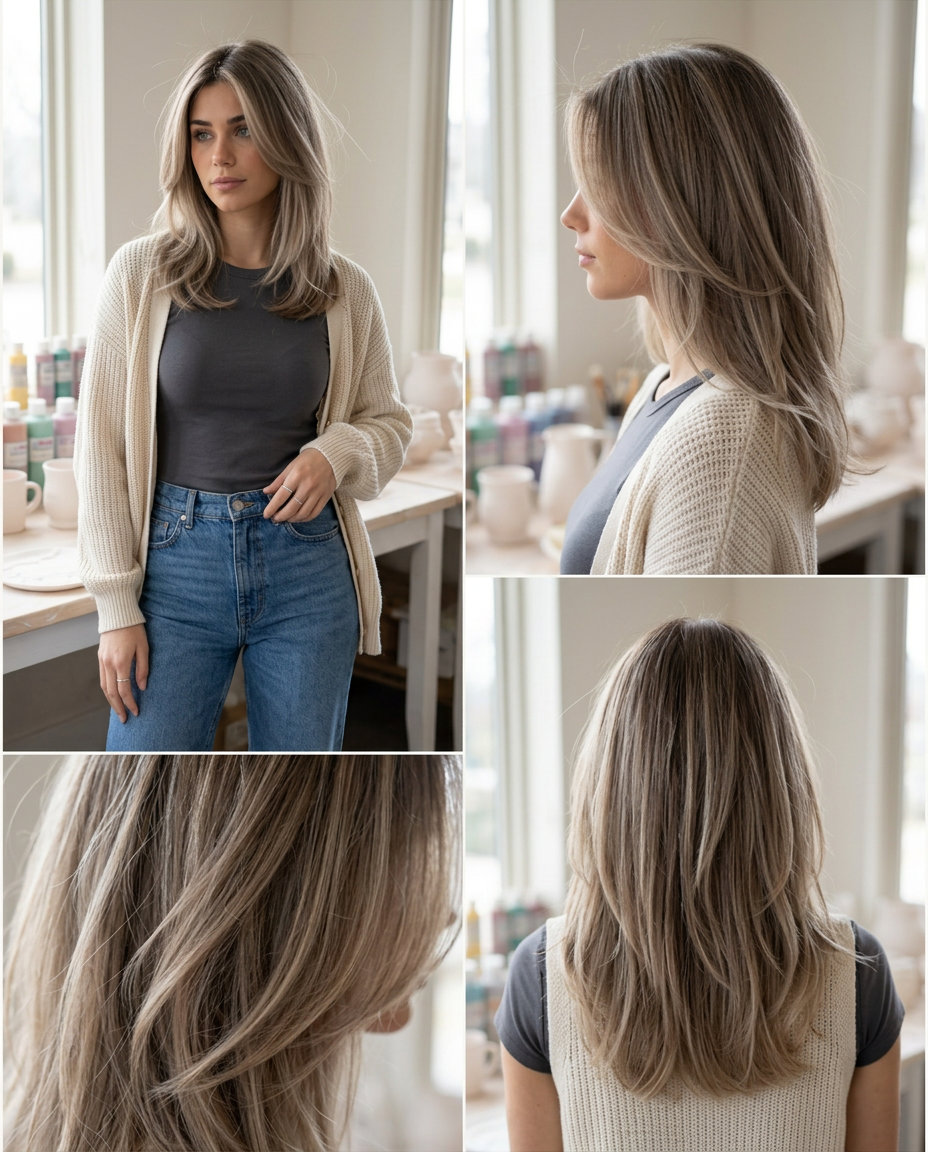 medium bronde mushroom brown with ash beige highlights, long internal layers, face-framing pieces — effortless, natural