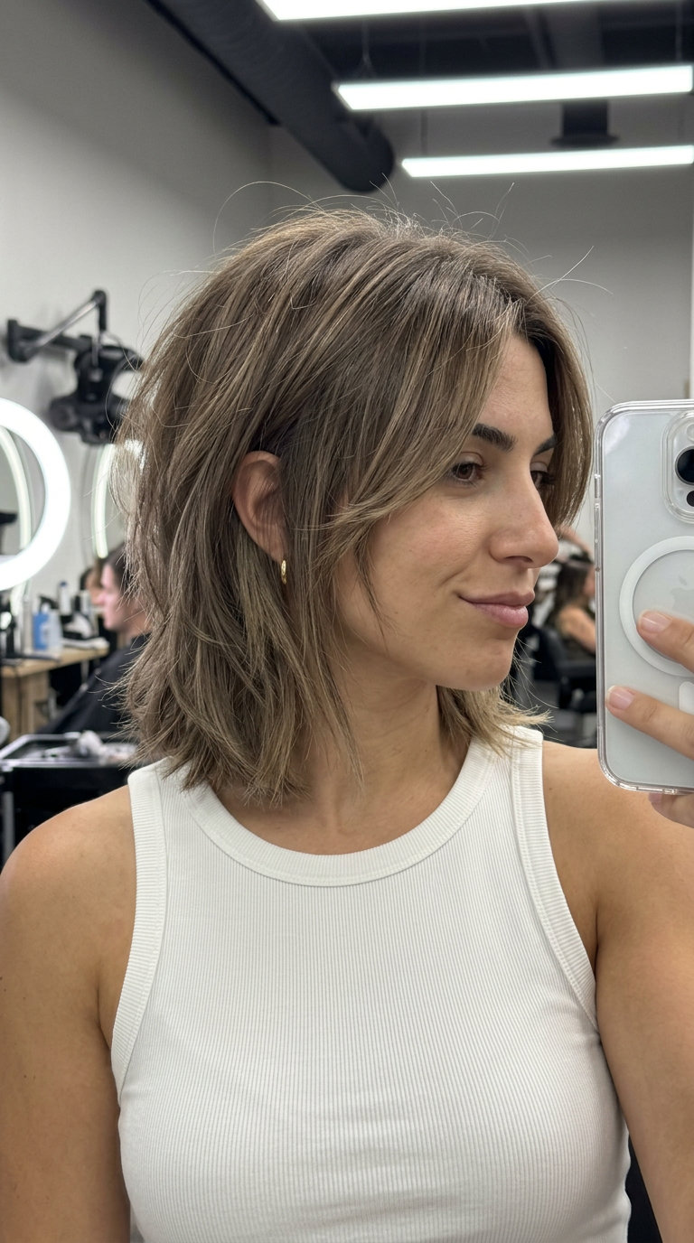 Tousled Midi Shag: Layered Summer Haircut 2026 medium layered haircut in mushroom bronde with beige lowlights, choppy layers — playful weekend shag