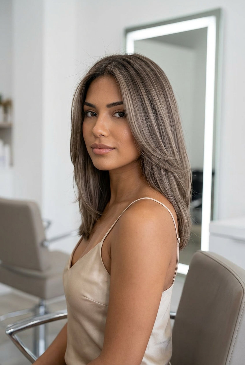 Bronde Internal Ghost Layers for Medium Hair medium layered haircut with mushroom bronde, reverse balayage, subtle ash undertones — minimalist sophisticated style