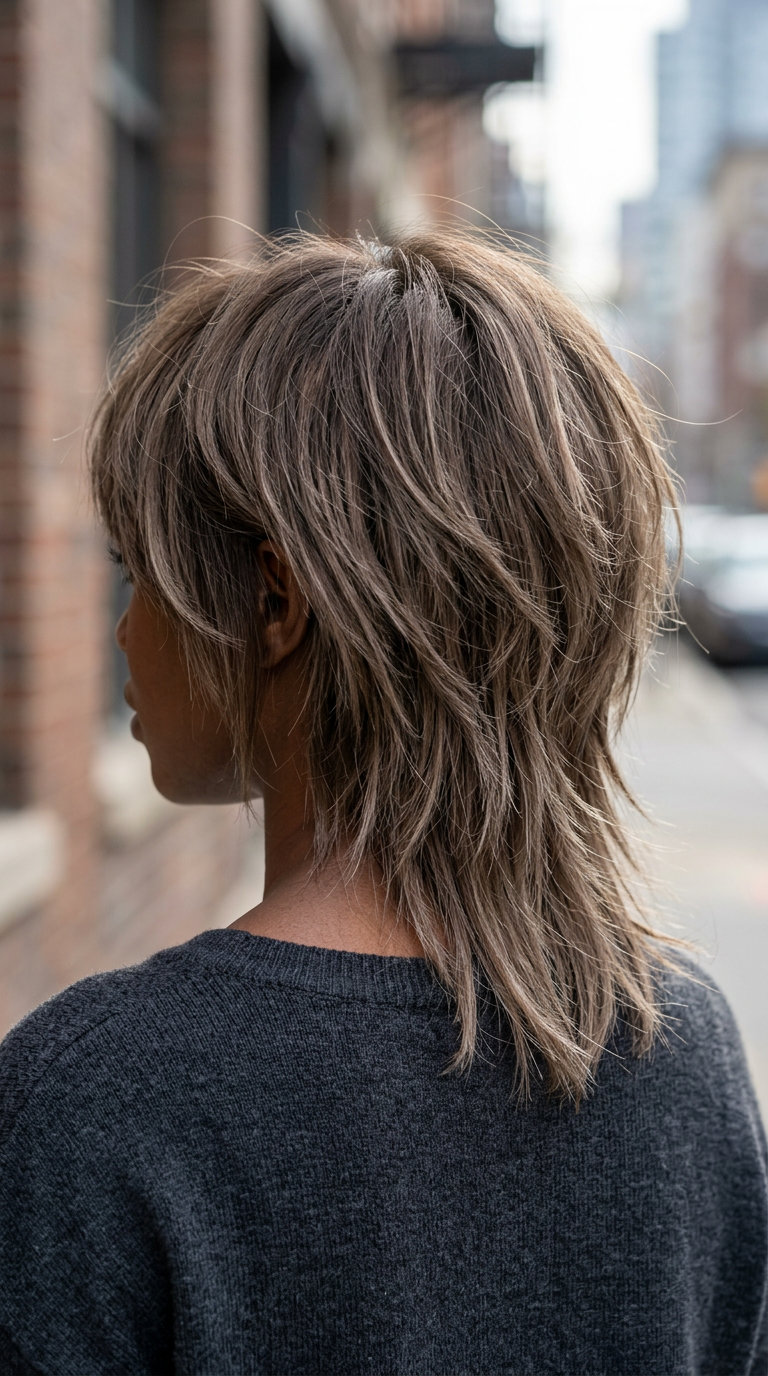 Mushroom Bronde Shaggy Wolf 2026 medium shaggy wolf haircut with mushroom bronde color, choppy layers, bottleneck bangs — cool edgy vibe