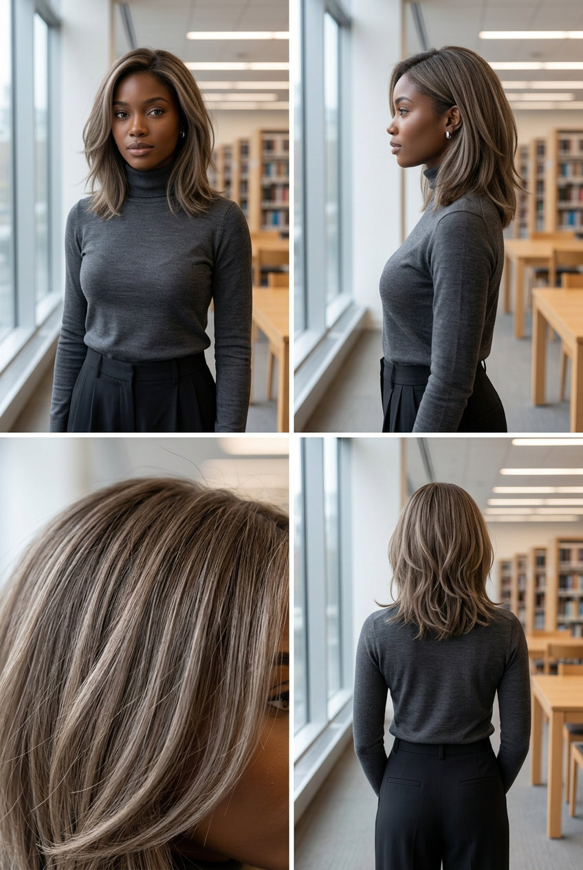 medium textured cut mushroom bronde with cool ash undertones, point-cut ends, no bangs — soft