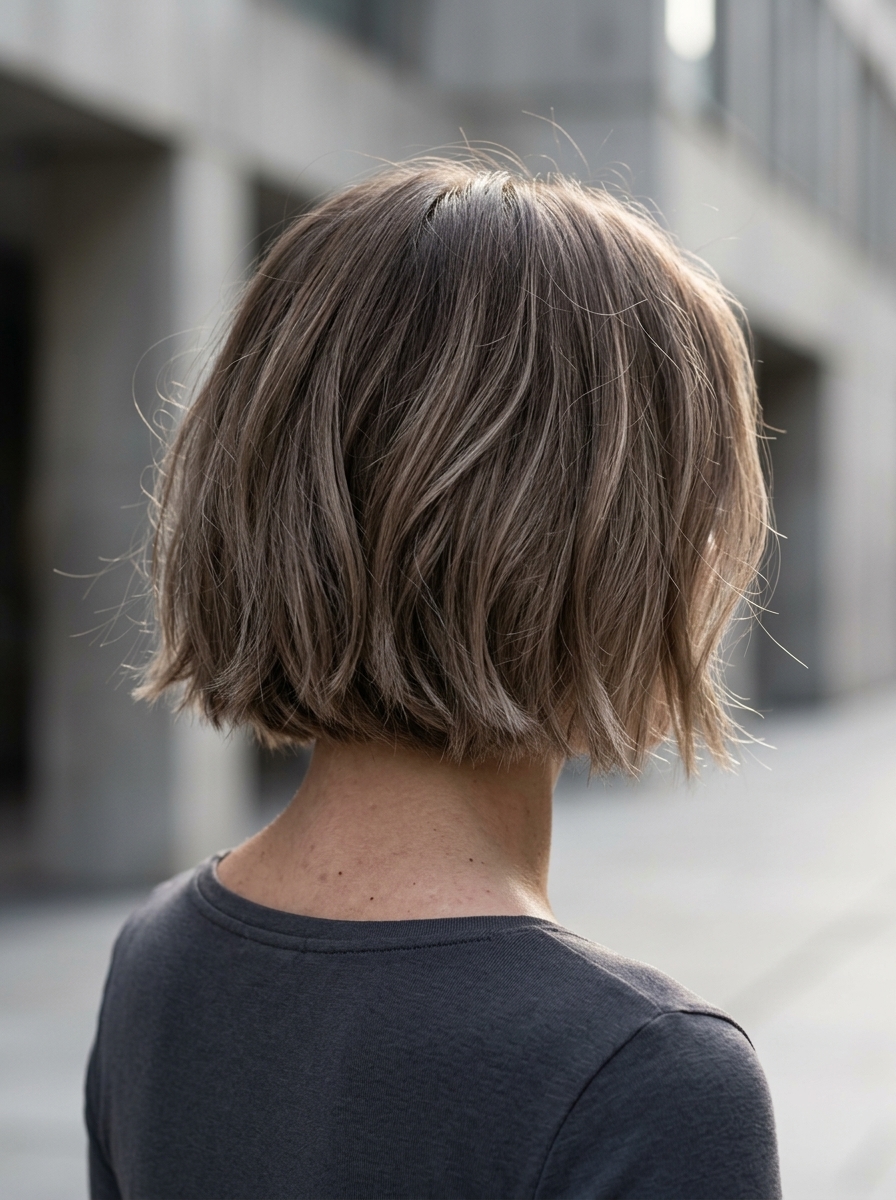 short bob haircut in mushroom bronde with ash undertones, point-cut perimeter, grown-out fringe — minimalist and cool